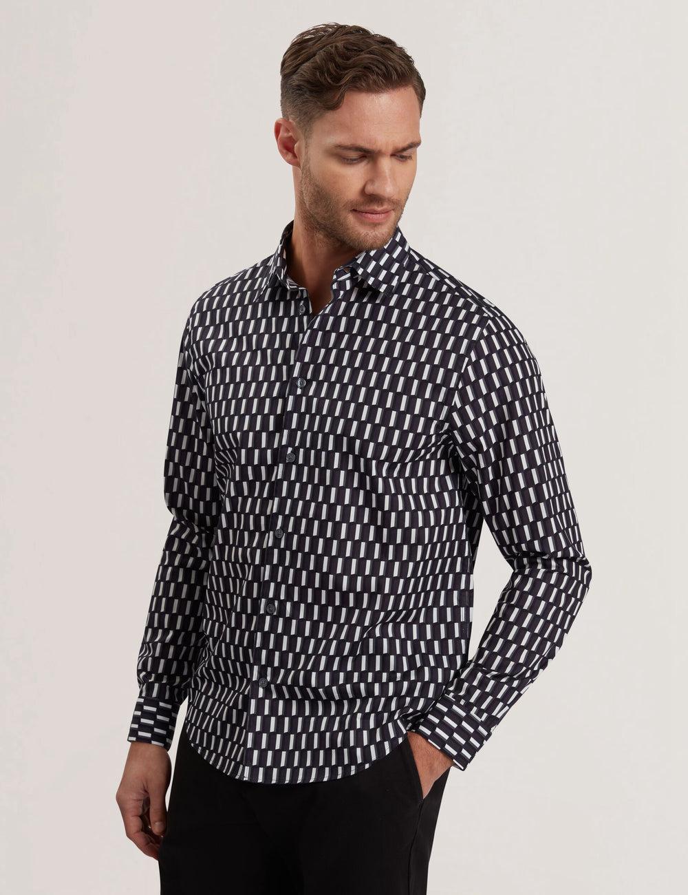 Black Ted Baker PEARSO - Geometric Stripe Long Sleeve Cotton Men Casual Shirts | Ireland  9726-OPBLC