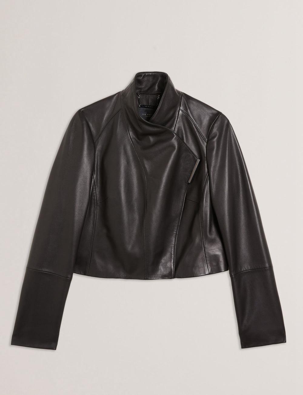 Black Ted Baker RIYOZE - Wrap Front Cropped Leather Women Jackets | Ireland  7352-BERVI