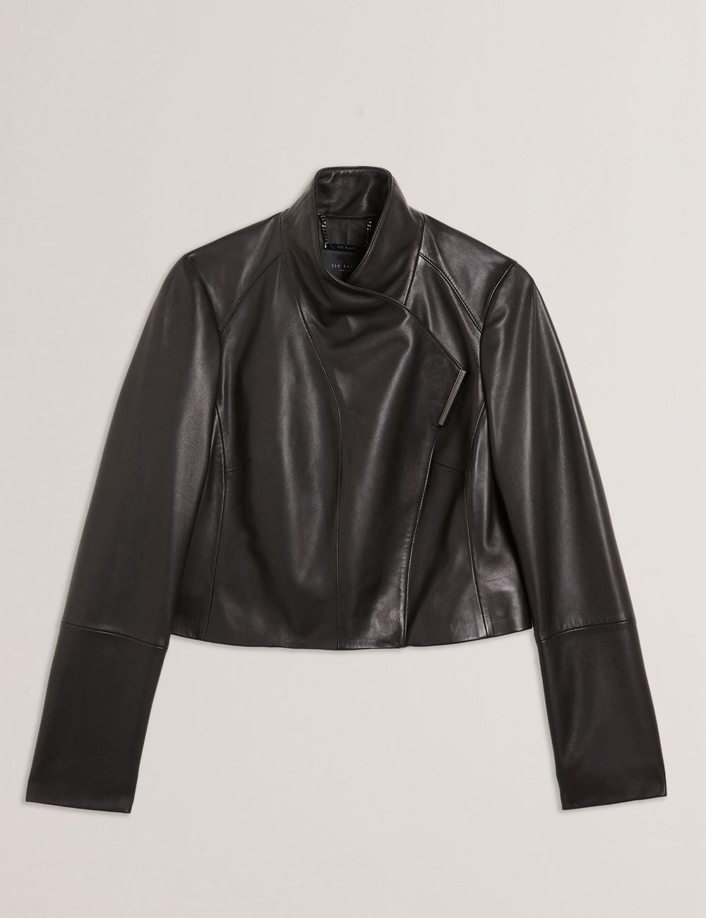 Black Ted Baker RIYOZE - Wrap Front Cropped Leather Women Jackets | Ireland  7352-BERVI