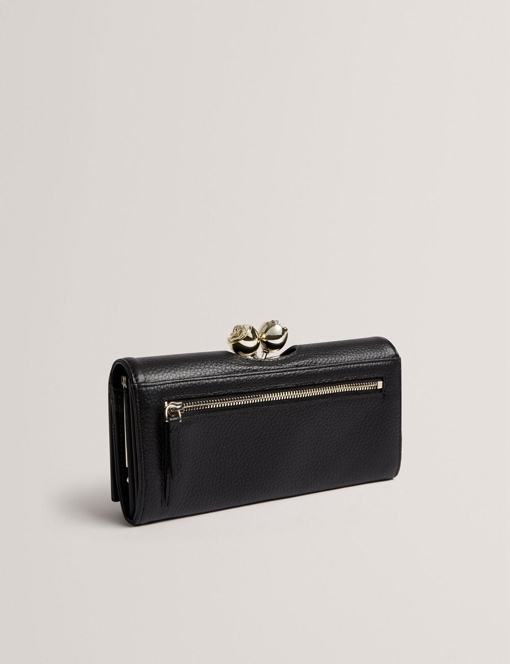 Black Ted Baker ROOSALI - Rose Clasp Large Bifold Leather Women Purses | Ireland  8190-IMPJB