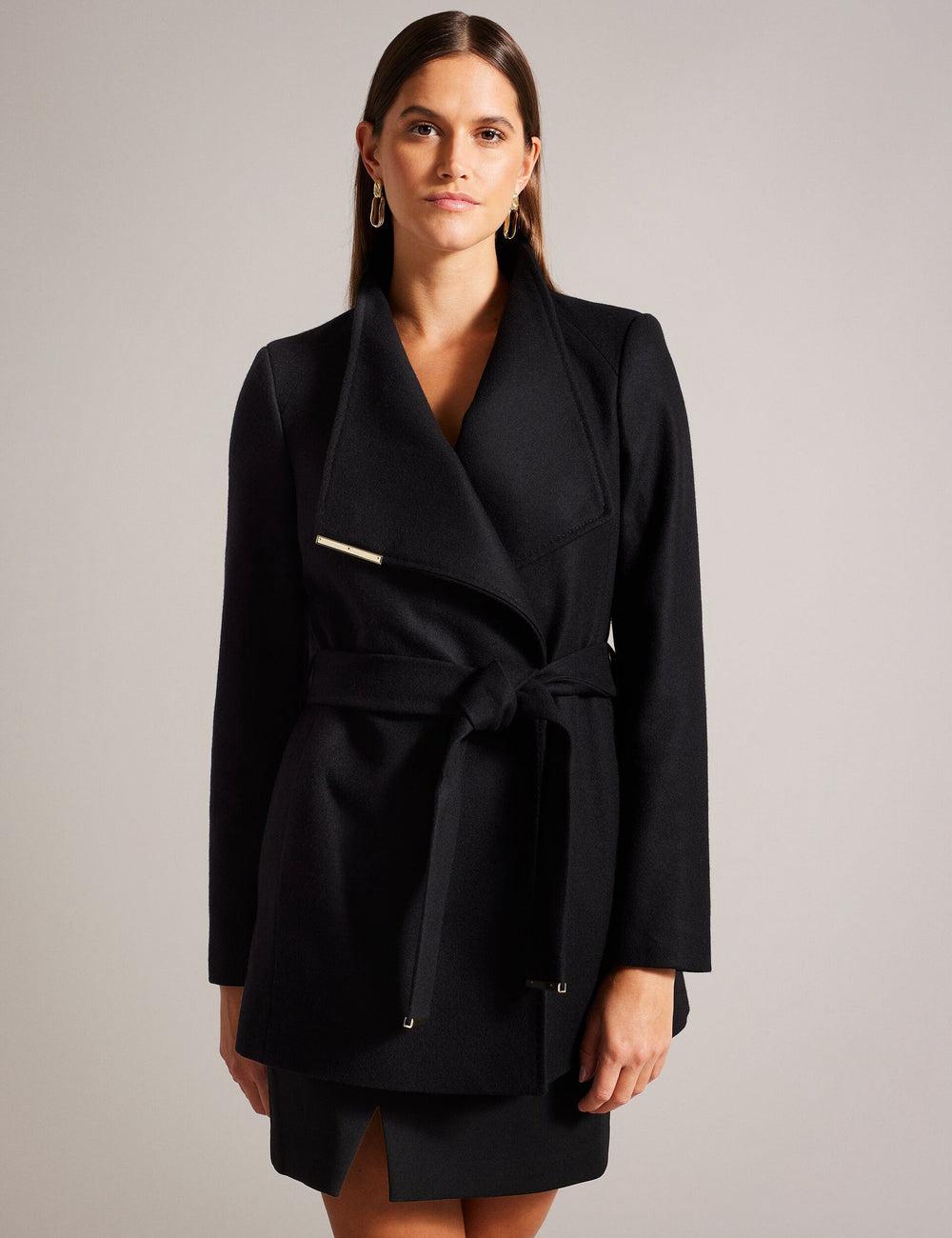 Black Ted Baker ROSESS - Short Belted Wool Wrap Coat Women Jackets | Ireland  7891-DYEQA