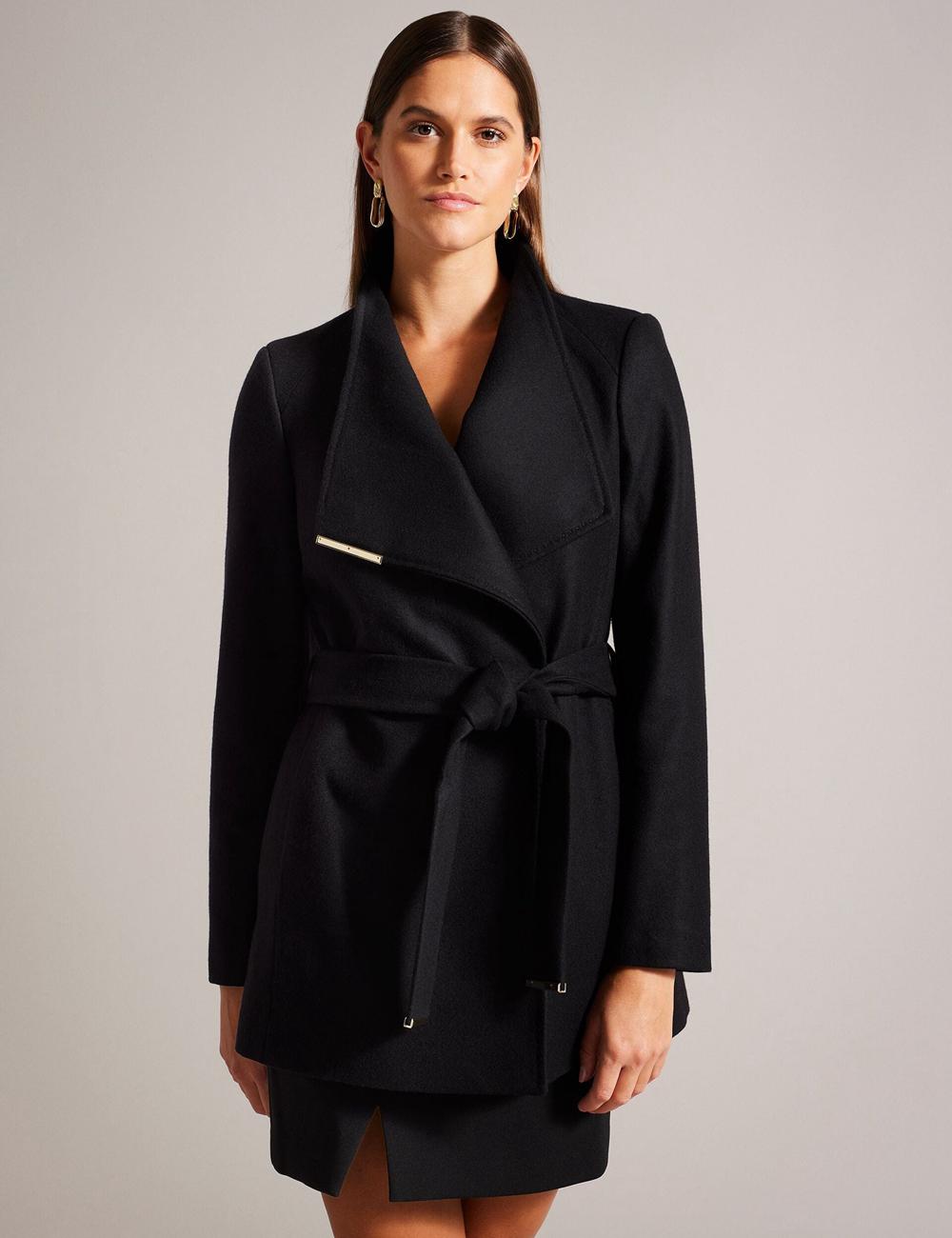 Black Ted Baker ROSESS - Short Belted Wool Wrap Coat Women Jackets | Ireland  7891-DYEQA