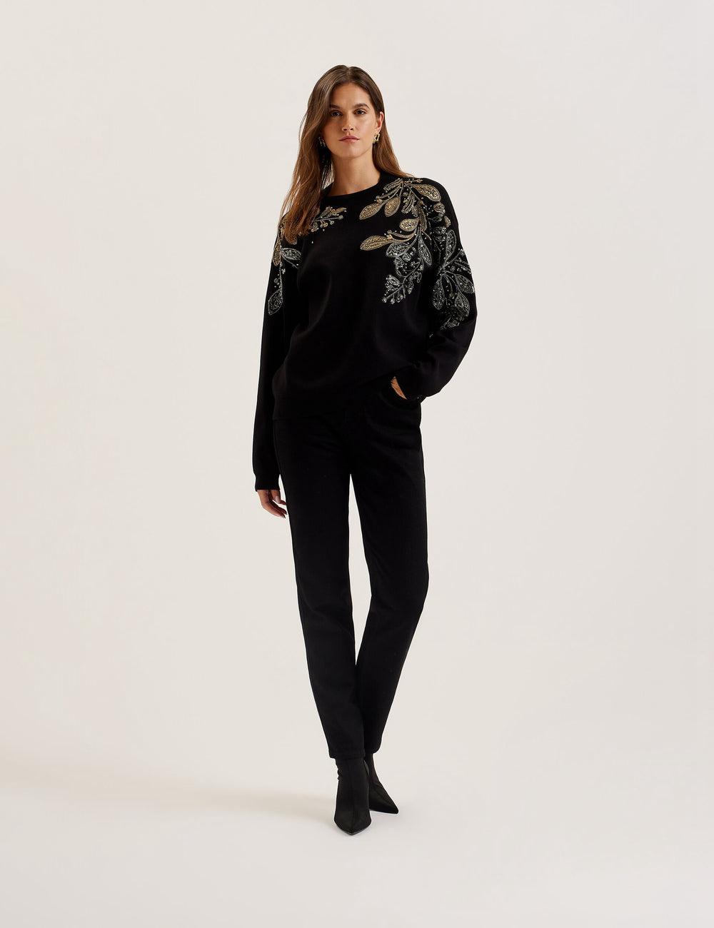 Black Ted Baker ROSMRRY - Embellished Floral Detail Knitted Women Jumpers | Ireland  9321-XMNOR