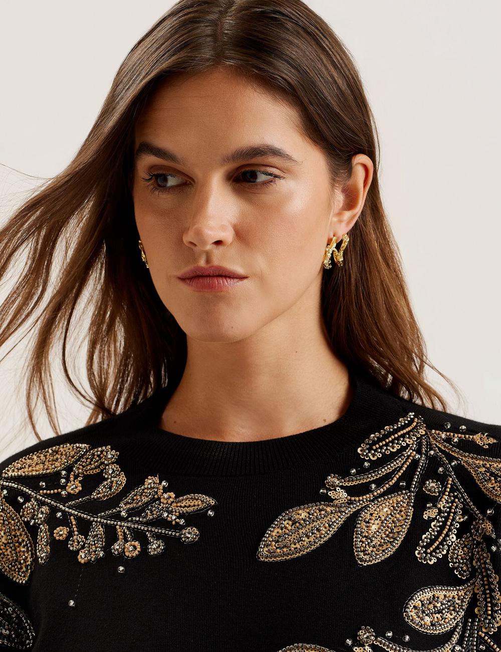 Black Ted Baker ROSMRRY - Embellished Floral Detail Knitted Women Jumpers | Ireland  9321-XMNOR