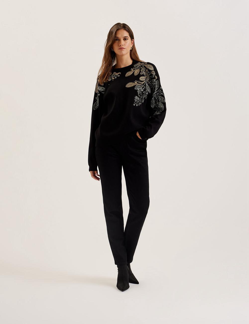 Black Ted Baker ROSMRRY - Embellished Floral Detail Knitted Women Jumpers | Ireland  9321-XMNOR
