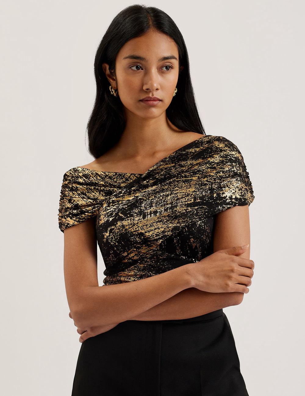 Black Ted Baker TALULAR - Bardot Foil Printed Mesh Women Tops | Ireland  6789-WNSAZ