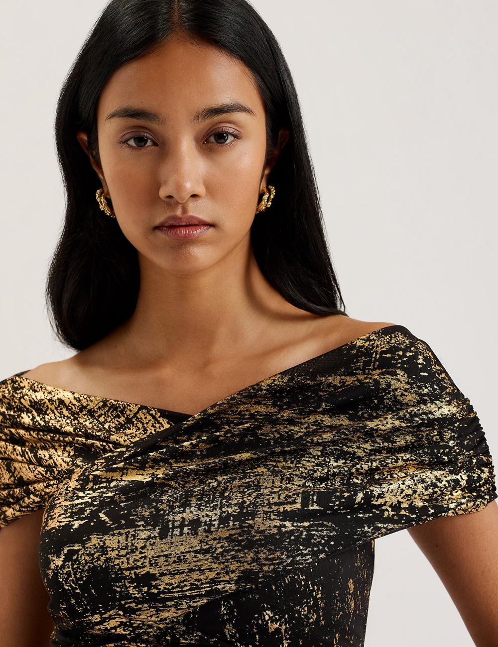 Black Ted Baker TALULAR - Bardot Foil Printed Mesh Women Tops | Ireland  6789-WNSAZ