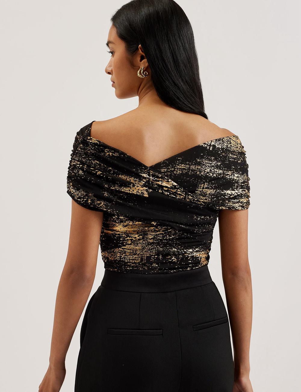 Black Ted Baker TALULAR - Bardot Foil Printed Mesh Women Tops | Ireland  6789-WNSAZ