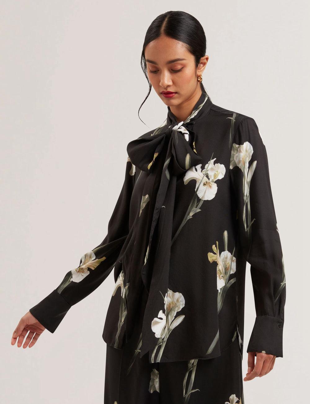 Black Ted Baker ZAKIIER - Neck Floral Print Long Sleeve Women Blouses | Ireland  8314-BCAVL