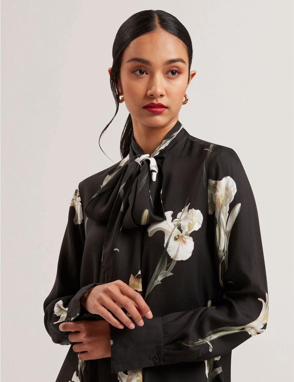 Black Ted Baker ZAKIIER - Neck Floral Print Long Sleeve Women Blouses | Ireland  8314-BCAVL