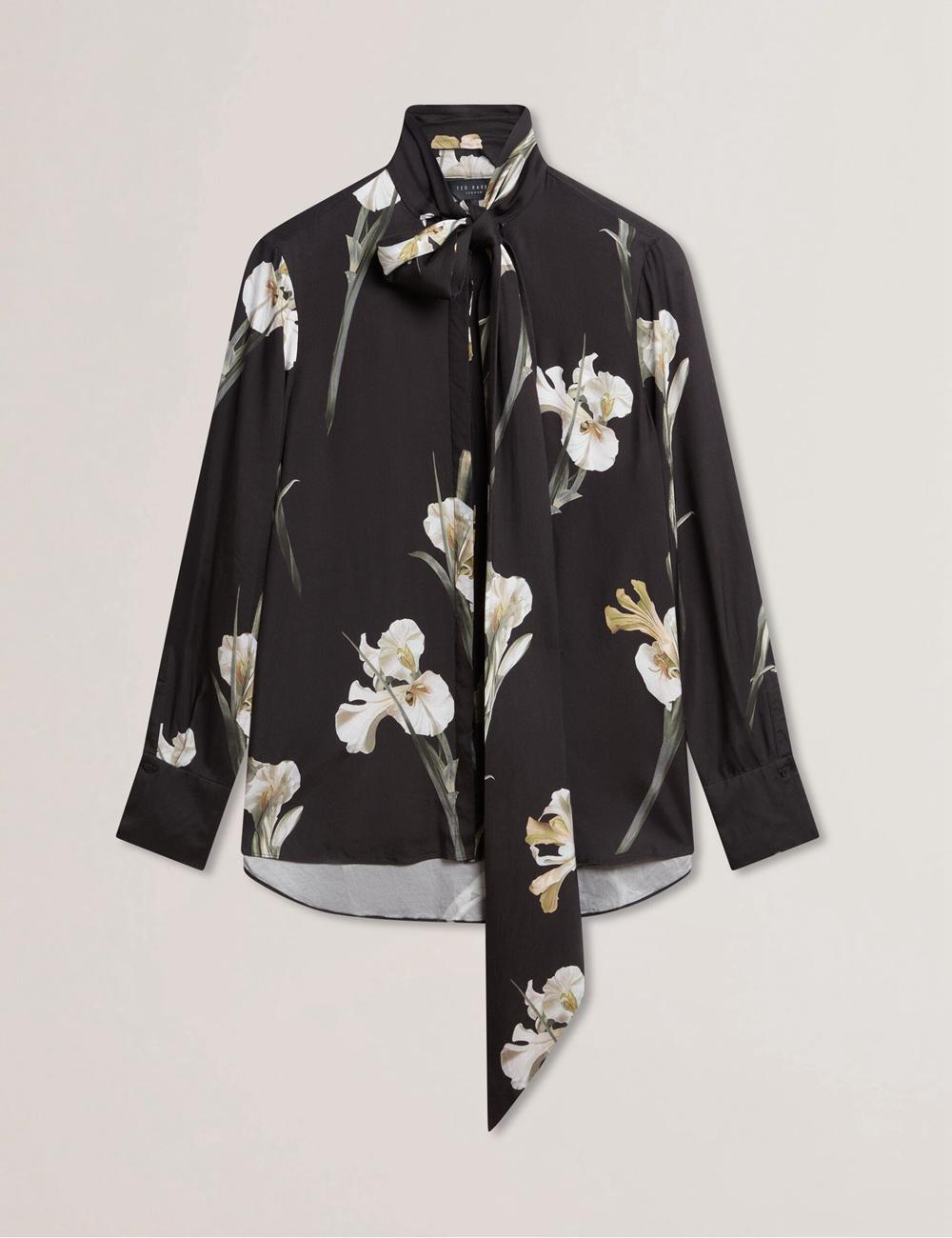 Black Ted Baker ZAKIIER - Neck Floral Print Long Sleeve Women Blouses | Ireland  8314-BCAVL