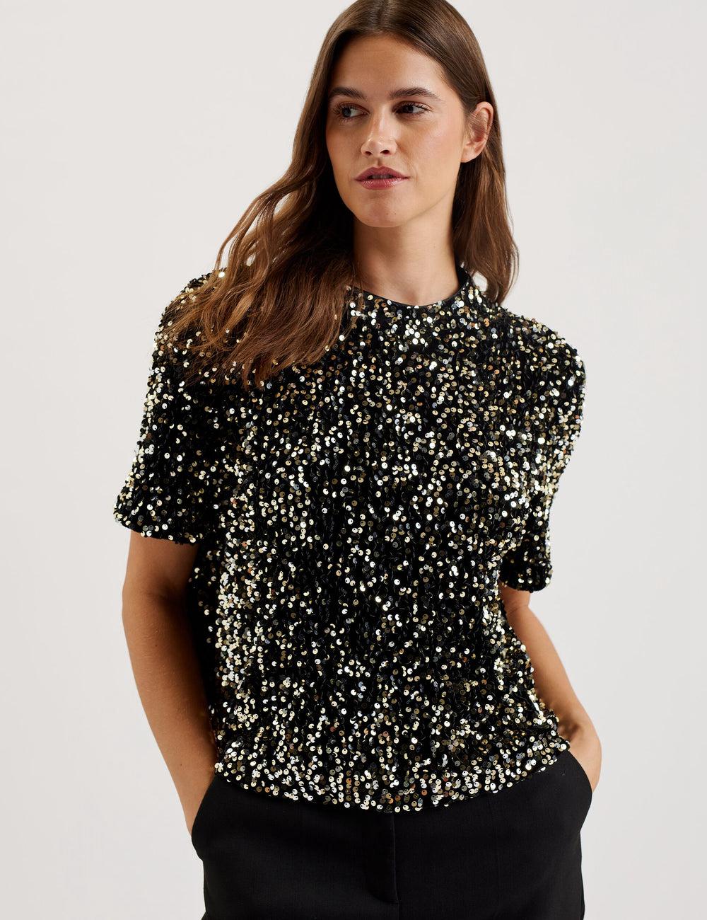 Black Ted Baker ZARHAAA - Sequined Velvet Short Sleeve Top Women Casual Shirts | Ireland  0713-DHYWI