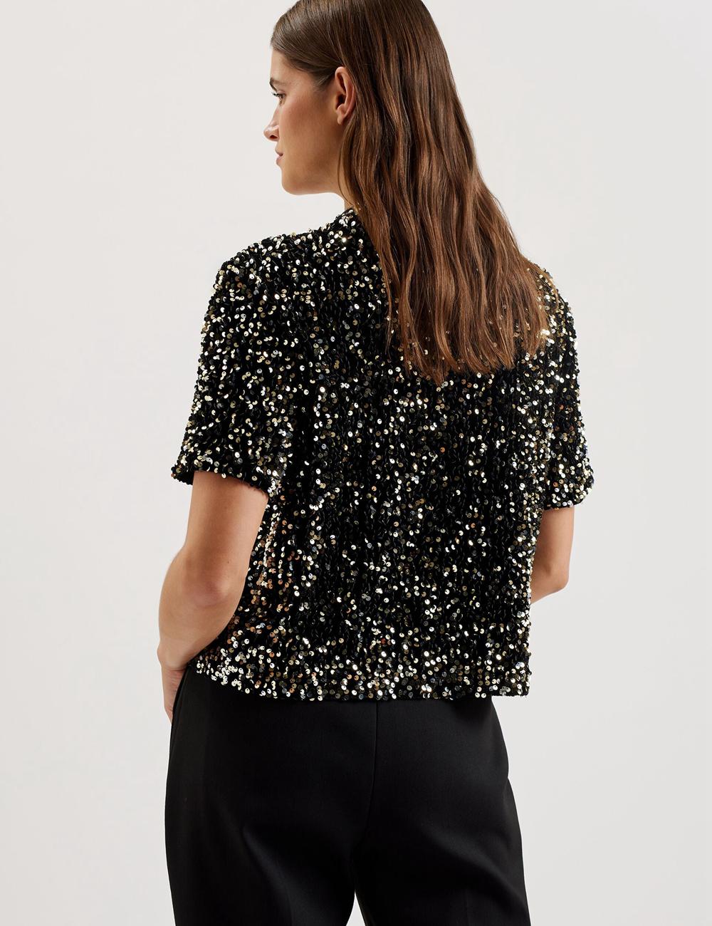 Black Ted Baker ZARHAAA - Sequined Velvet Short Sleeve Top Women Casual Shirts | Ireland  0713-DHYWI