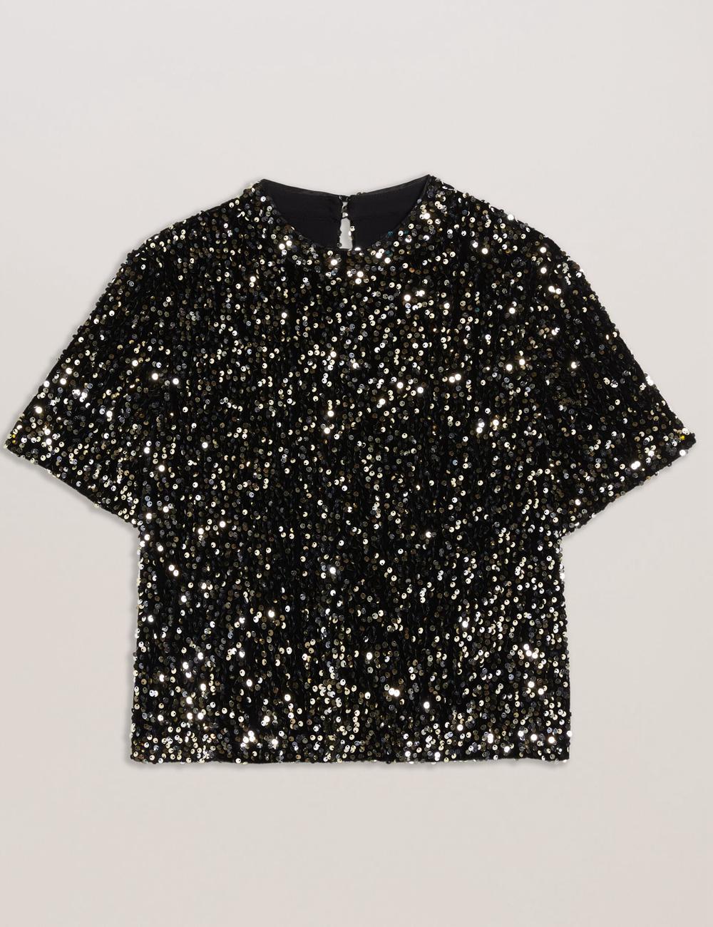 Black Ted Baker ZARHAAA - Sequined Velvet Short Sleeve Top Women Casual Shirts | Ireland  0713-DHYWI