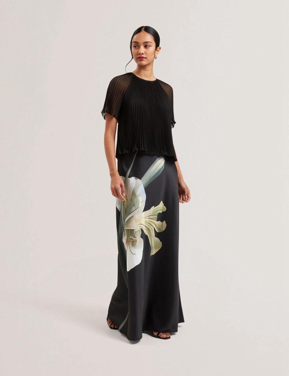 Black Ted Baker ZIONNA - Floral Print Detail Satin Women Maxi Skirts | Ireland  3728-DKNMW