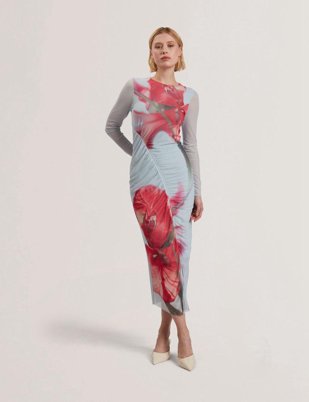 Blue Ted Baker BOXNINE - Printed Mesh Gathering Bodycon Women Midi Dresses | Ireland  2579-AEYSM