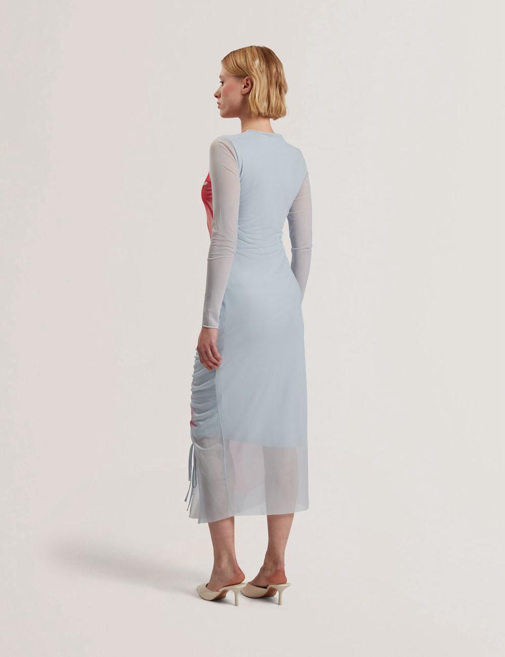 Blue Ted Baker BOXNINE - Printed Mesh Gathering Bodycon Women Midi Dresses | Ireland  2579-AEYSM