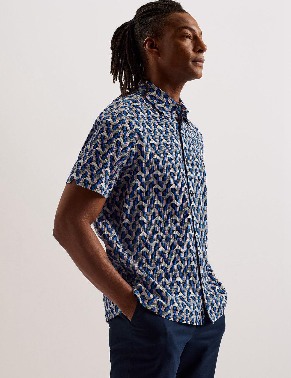 Blue Ted Baker GASTONS - Short Sleeve Geo Print Seersucker Men Casual Shirts | Ireland  8940-BTYIX