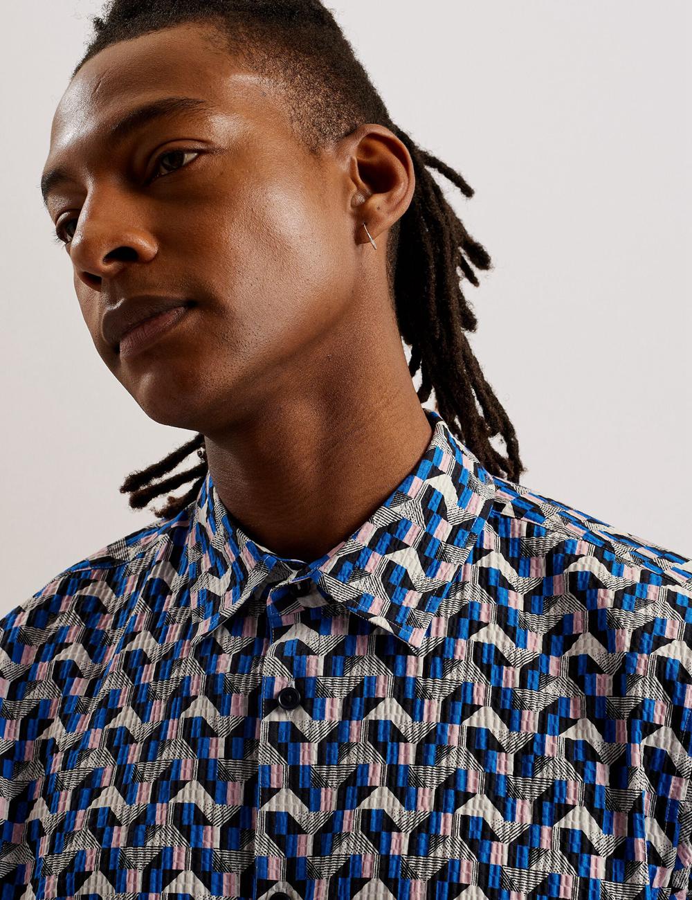Blue Ted Baker GASTONS - Short Sleeve Geo Print Seersucker Men Casual Shirts | Ireland  8940-BTYIX