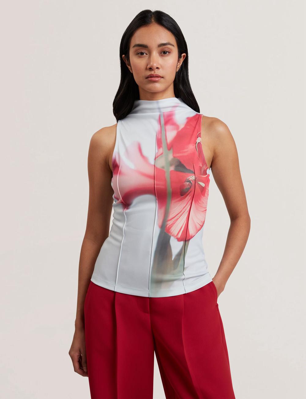 Blue Ted Baker HARPLNN - Floral High Neck Jersey Women Tank Tops | Ireland  5283-DUEYV