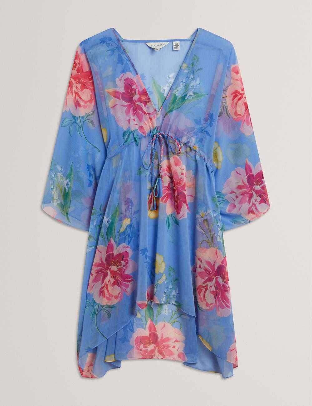 Blue Ted Baker LARJA - Floral Print Chiffon Mini Beach Kaftan Women Cover Ups | Ireland  8431-KOBDU