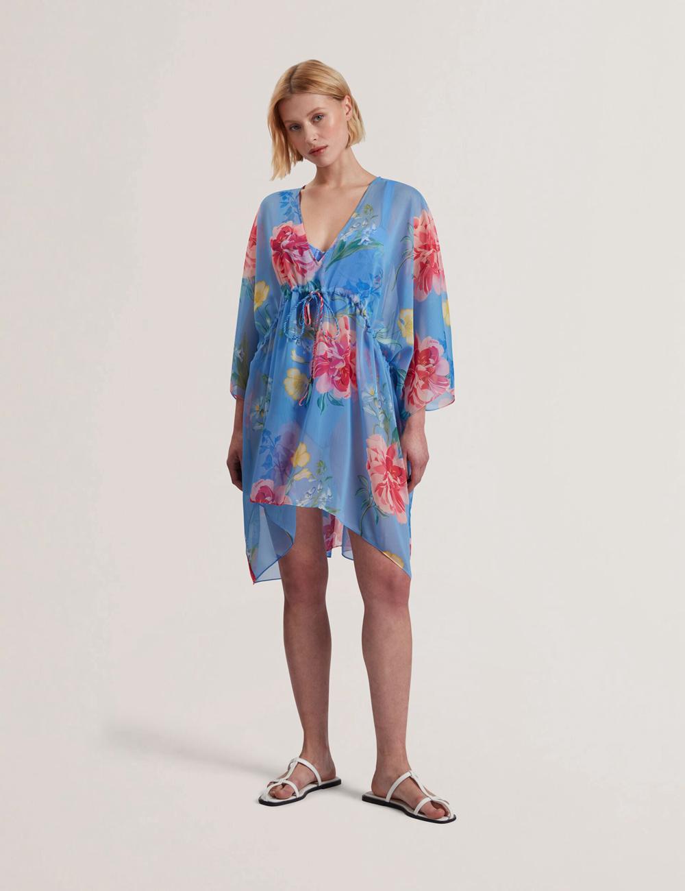 Blue Ted Baker LARJA - Floral Print Chiffon Mini Beach Kaftan Women Cover Ups | Ireland  8431-KOBDU
