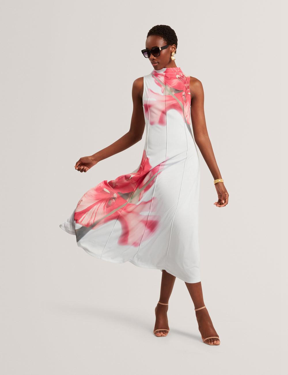 Blue Ted Baker REBEHKA - High Neck Printed Jersey Women Midi Dresses | Ireland  6230-OBFZD