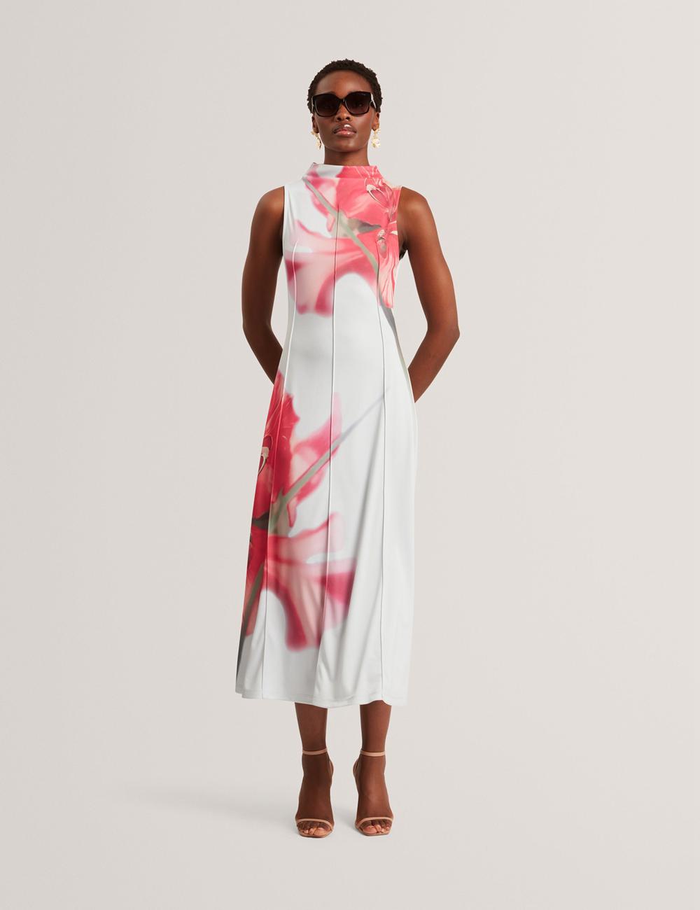 Blue Ted Baker REBEHKA - High Neck Printed Jersey Women Midi Dresses | Ireland  6230-OBFZD