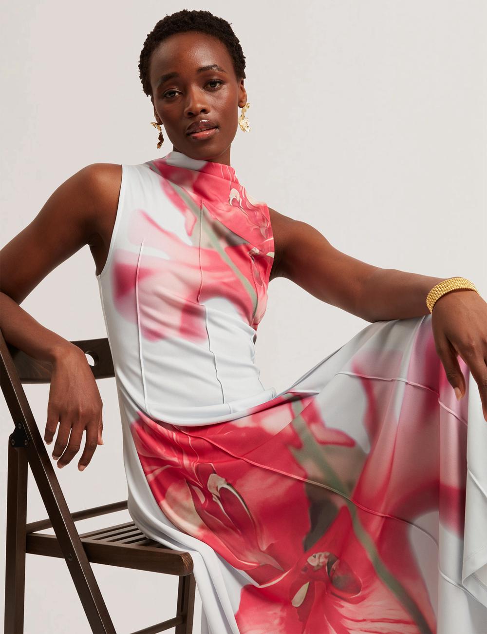 Blue Ted Baker REBEHKA - High Neck Printed Jersey Women Midi Dresses | Ireland  6230-OBFZD