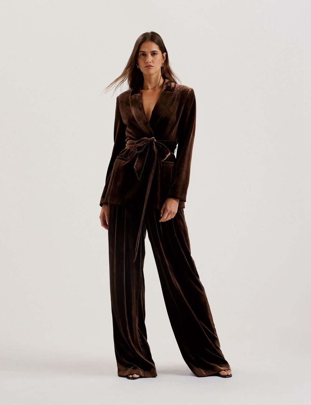 Brown Ted Baker MOMIJIT - Velvet Pleated Wide Leg Women Trousers | Ireland  7201-PNHAY