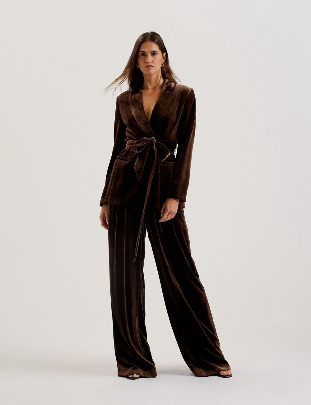 Brown Ted Baker MOMIJIT - Velvet Pleated Wide Leg Women Trousers | Ireland  7201-PNHAY