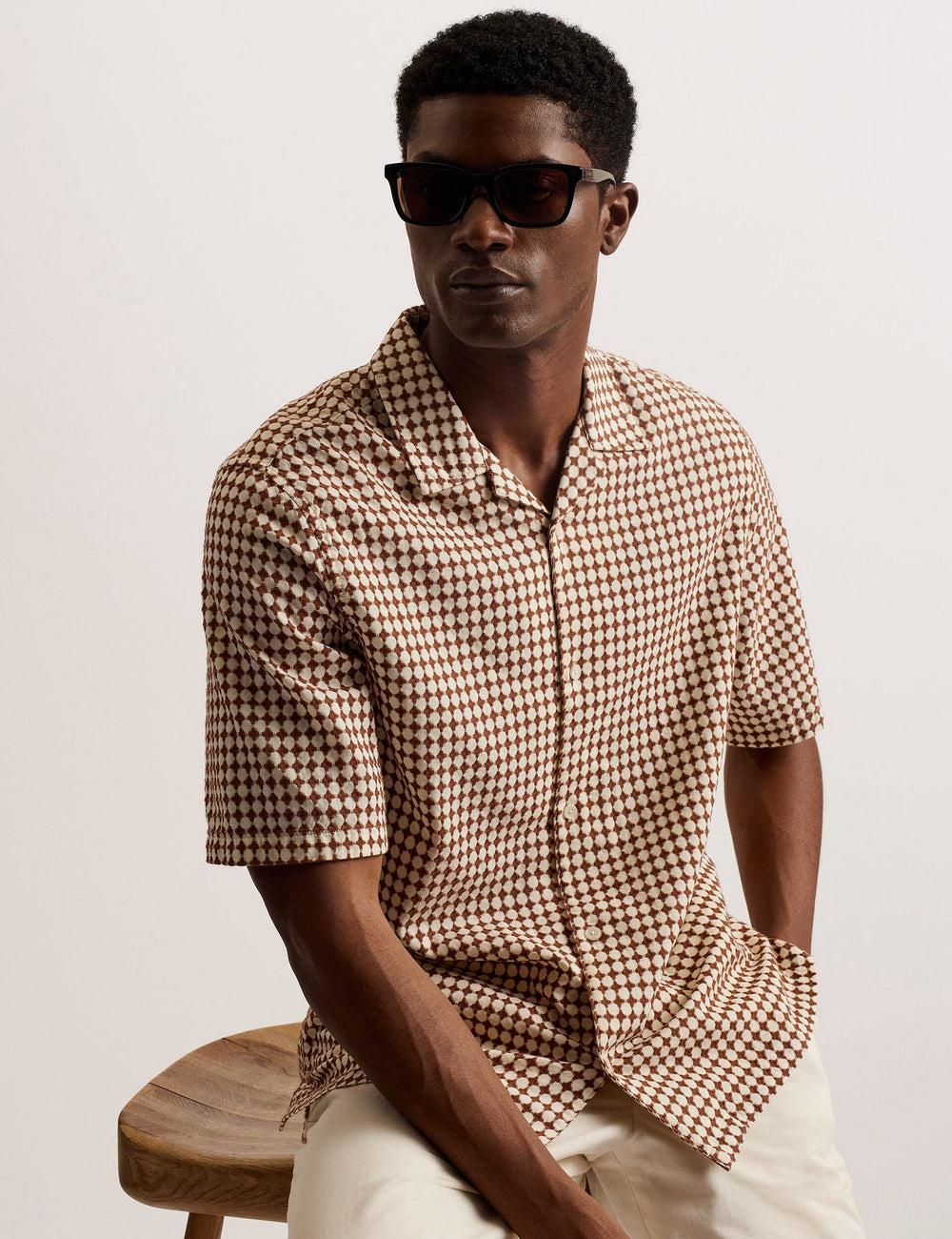 Brown Ted Baker OISE - Textured Grid Cotton Short Sleeve Men Casual Shirts | Ireland  1583-EDWVL