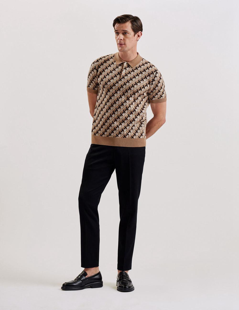 Brown Ted Baker SEFERRY - Interlocking T Jacquard Knitted Men Polos Shirts | Ireland  2468-PZNDR