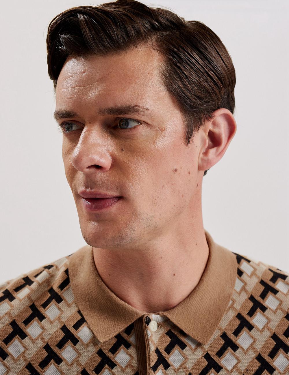Brown Ted Baker SEFERRY - Interlocking T Jacquard Knitted Men Polos Shirts | Ireland  2468-PZNDR