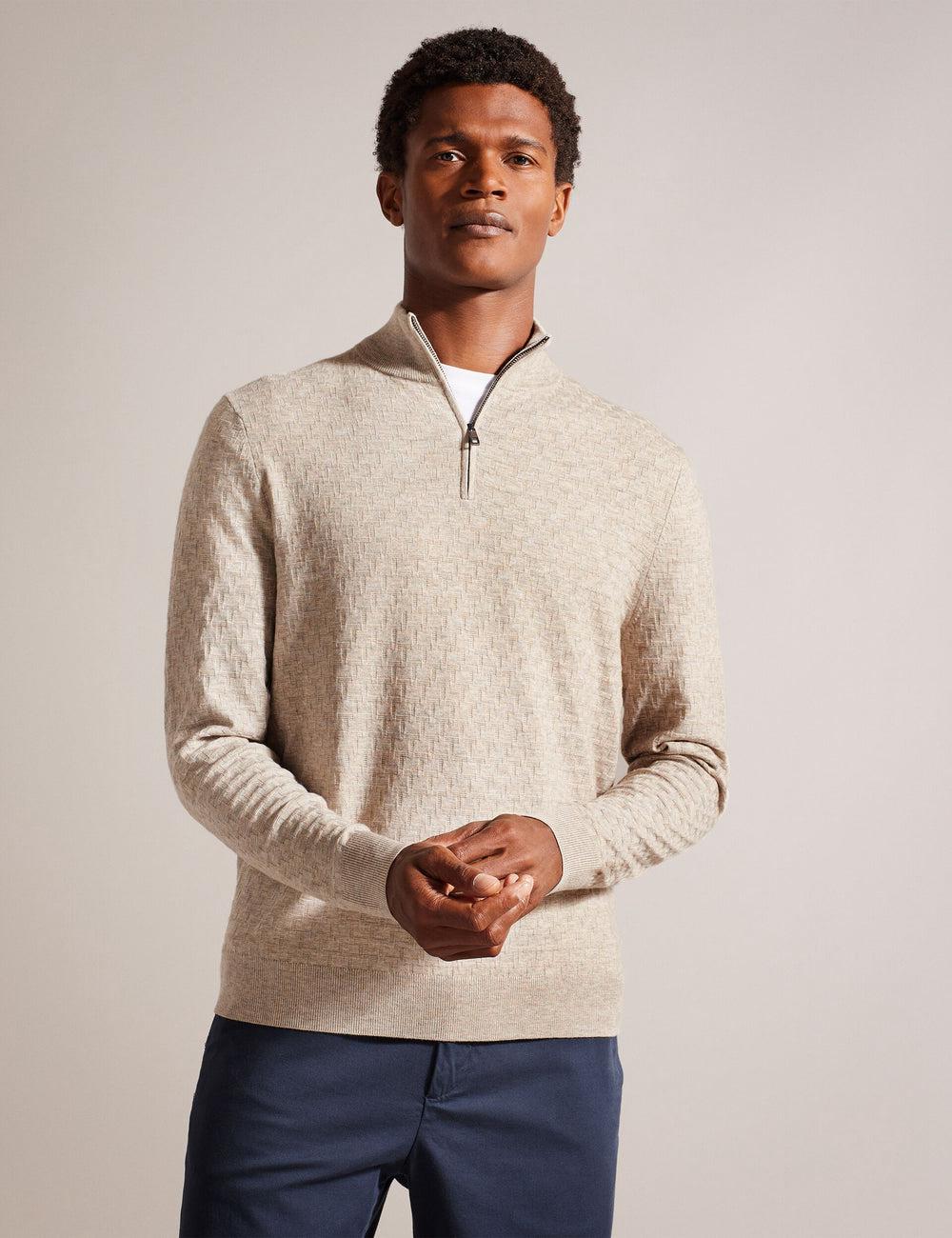 Camel Ted Baker KURNLE - T Knit Half Zip Funnel Neck Men Jumpers | Ireland  2903-YEPFD