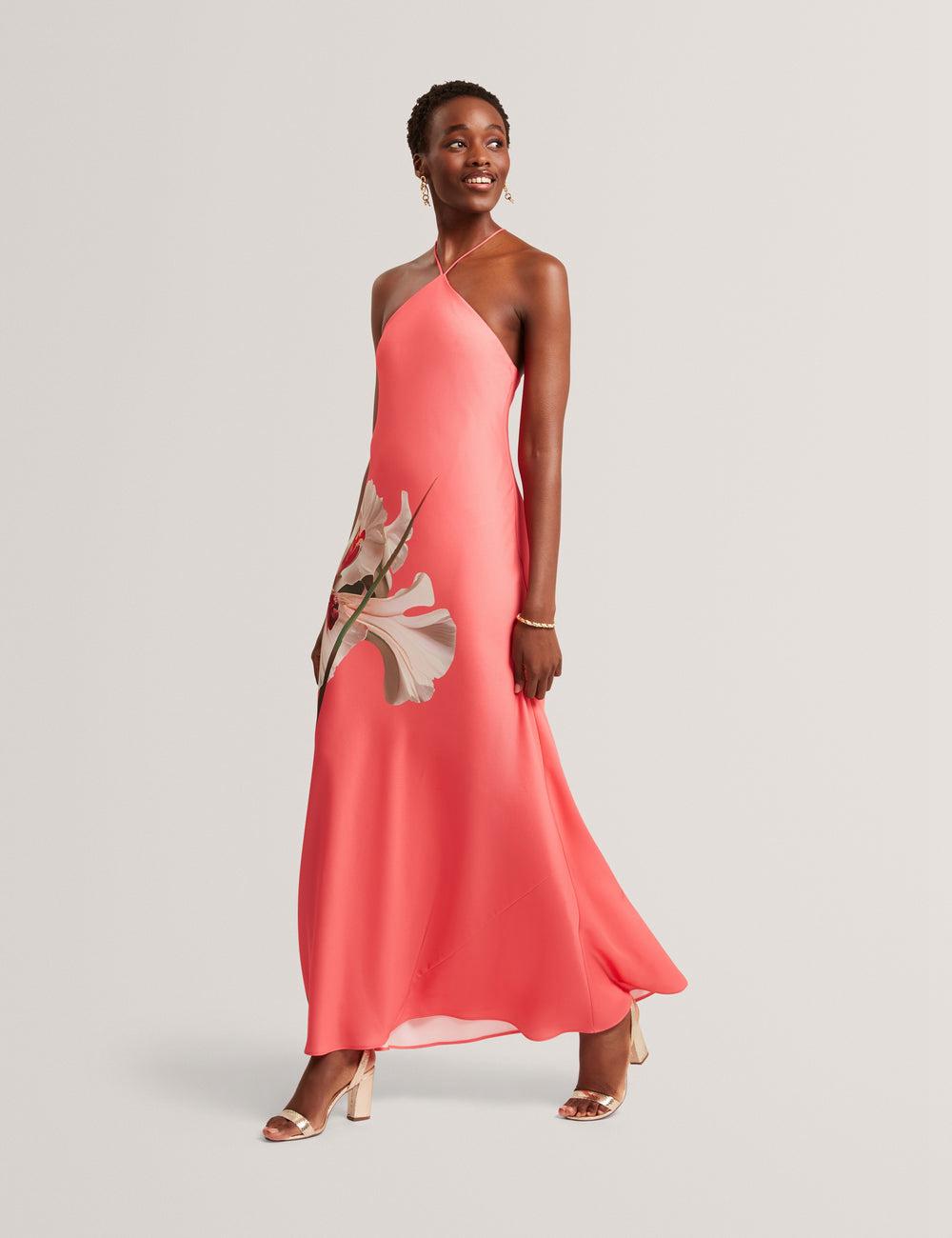 Coral Ted Baker AJIMA - Floral Graphic Halter Neck Satin Women Maxi Dresses | Ireland  0758-JDPGQ