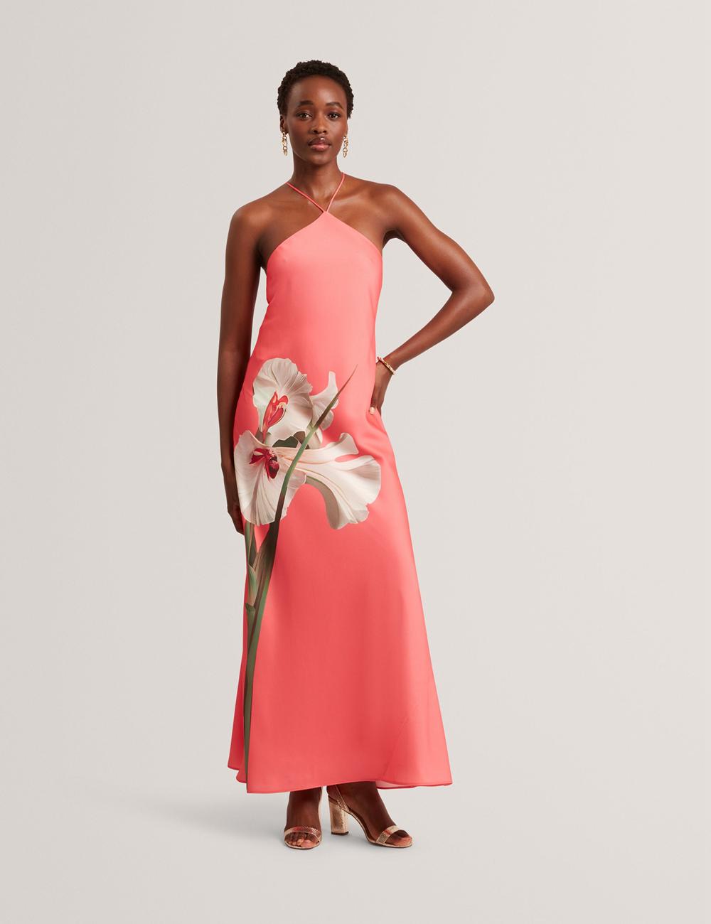 Coral Ted Baker AJIMA - Floral Graphic Halter Neck Satin Women Maxi Dresses | Ireland  0758-JDPGQ