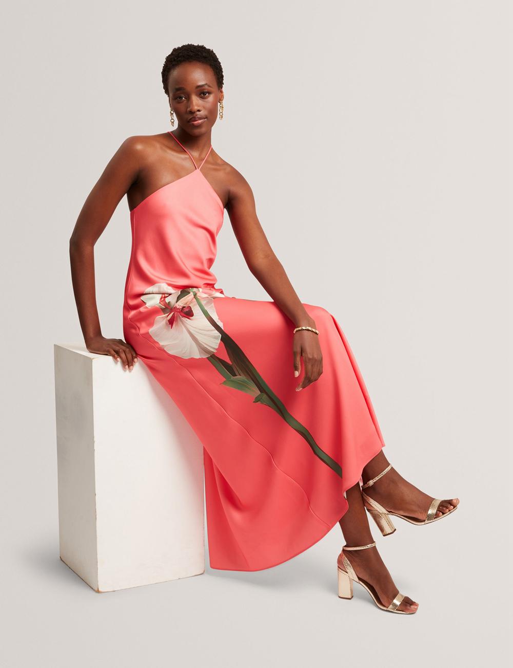 Coral Ted Baker AJIMA - Floral Graphic Halter Neck Satin Women Maxi Dresses | Ireland  0758-JDPGQ