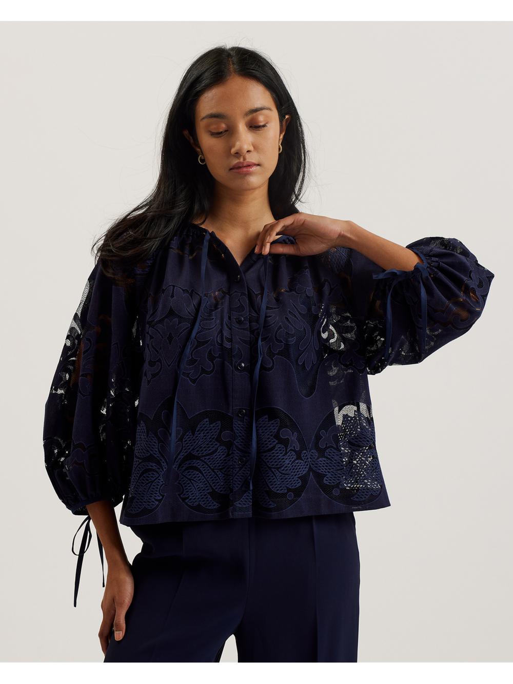 Dk-Blue Ted Baker BACINA - Lace 3/4 Balloon Sleeve Women Blouses | Ireland  7389-WXRNM