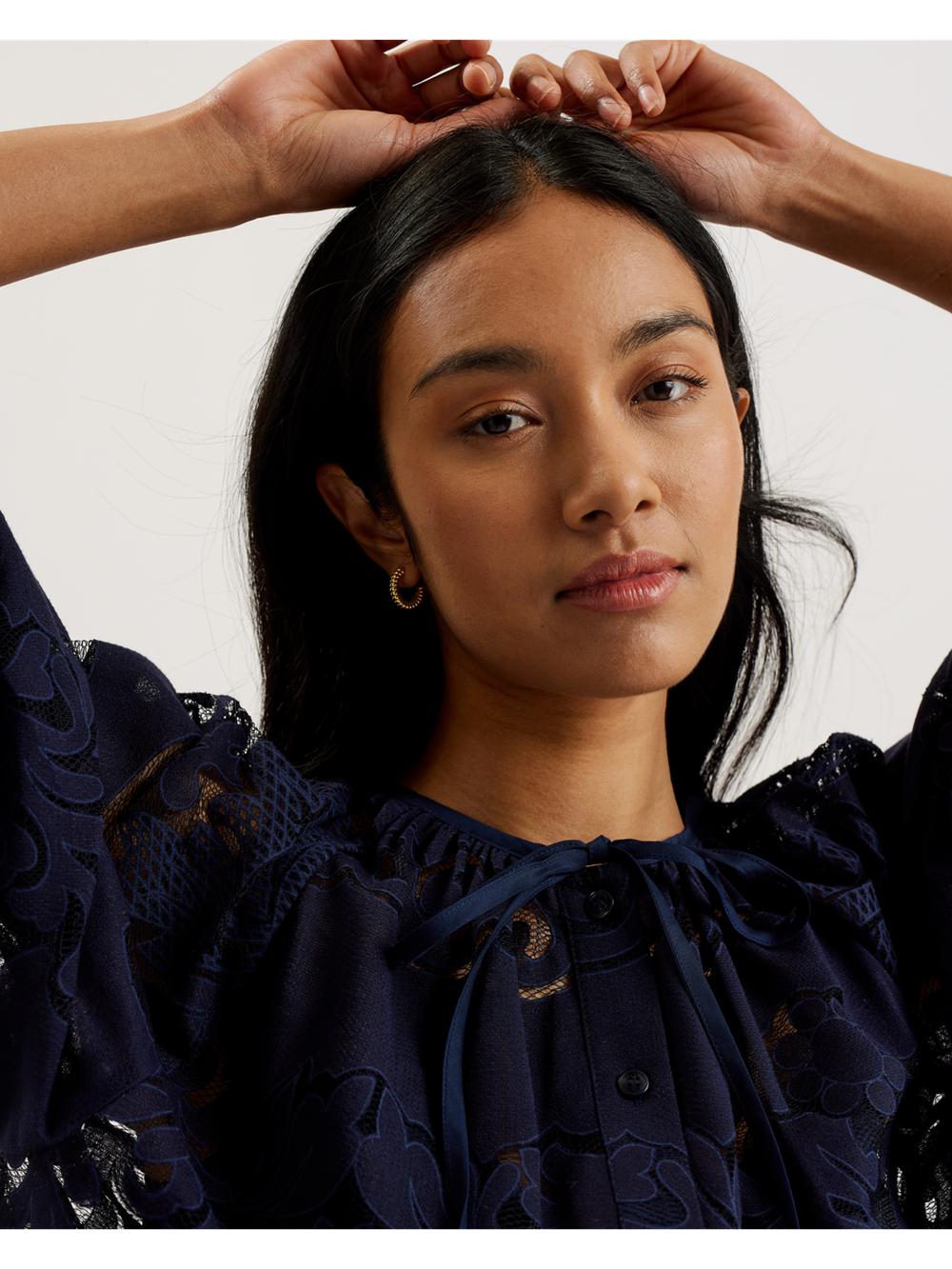 Dk-Blue Ted Baker BACINA - Lace 3/4 Balloon Sleeve Women Blouses | Ireland  7389-WXRNM