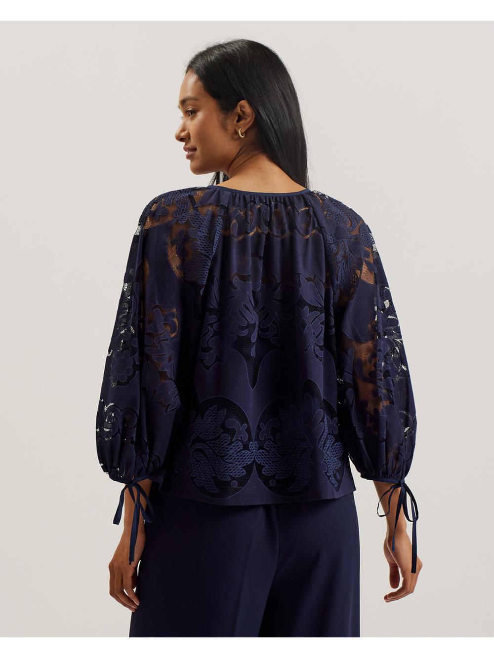Dk-Blue Ted Baker BACINA - Lace 3/4 Balloon Sleeve Women Blouses | Ireland  7389-WXRNM