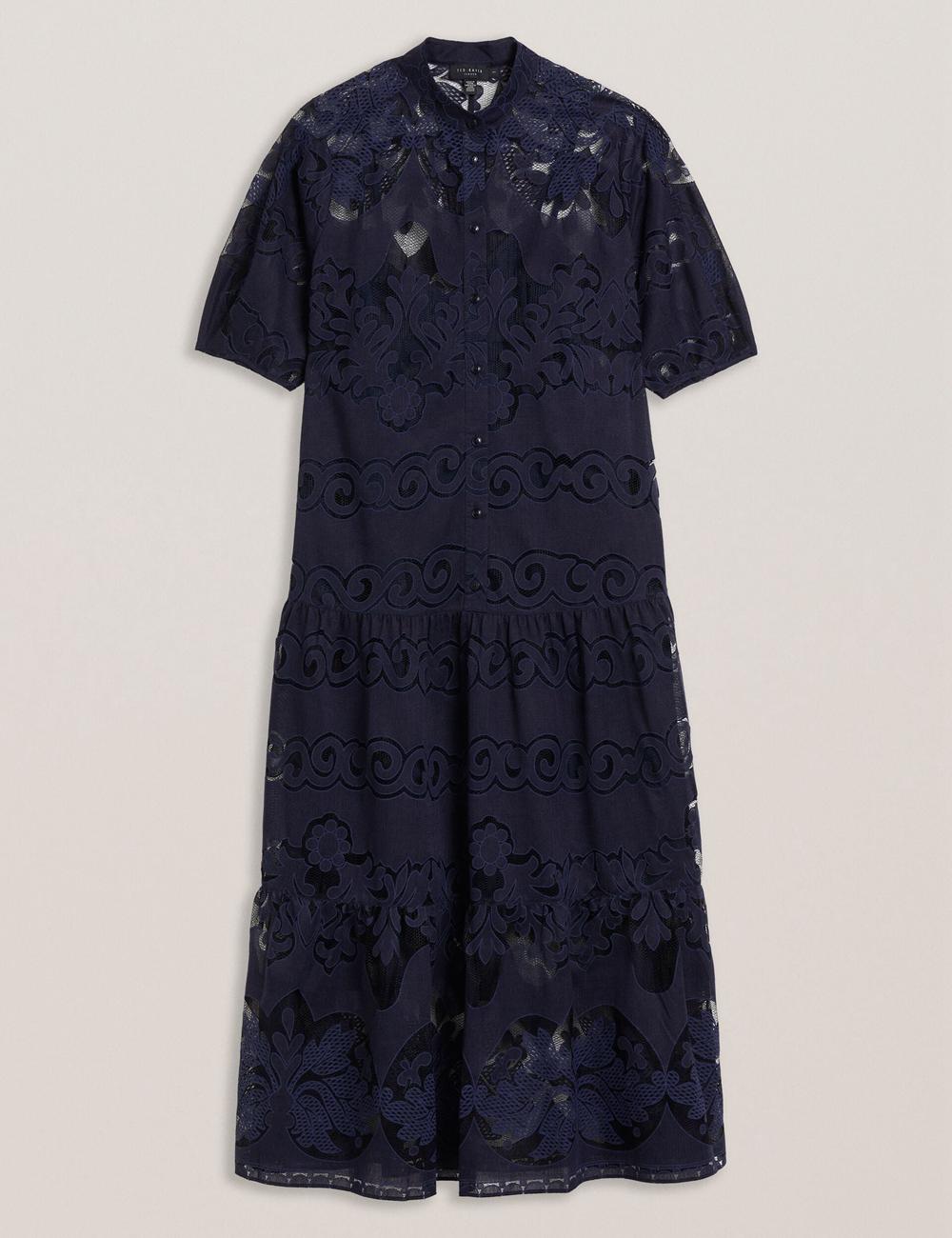 Dk-Blue Ted Baker XATIVA - Lace Puff Sleeve Midi Shift Women Midi Dresses | Ireland  6890-VTSAX