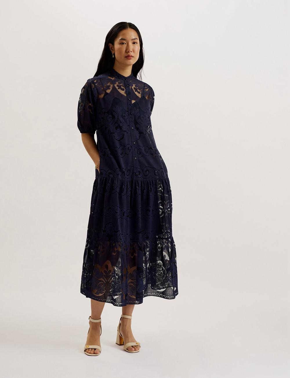 Dk-Blue Ted Baker XATIVA - Lace Puff Sleeve Midi Shift Women Midi Dresses | Ireland  6890-VTSAX