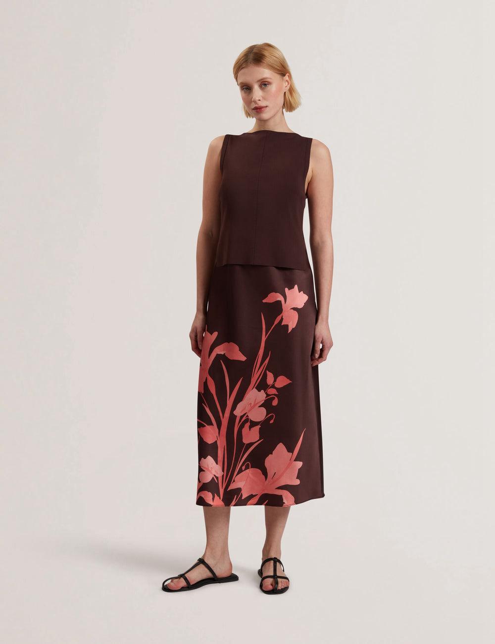 Dk-Brown Ted Baker LATTENA - Printed Satin With Removable Tank Women Midi Dresses | Ireland  3817-IOSXH