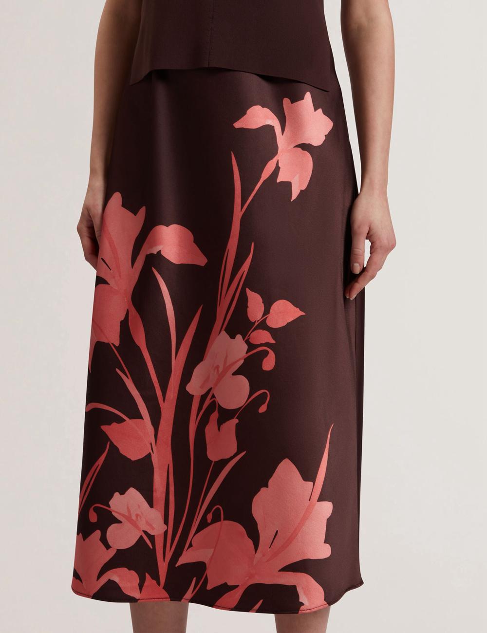 Dk-Brown Ted Baker LATTENA - Printed Satin With Removable Tank Women Midi Dresses | Ireland  3817-IOSXH