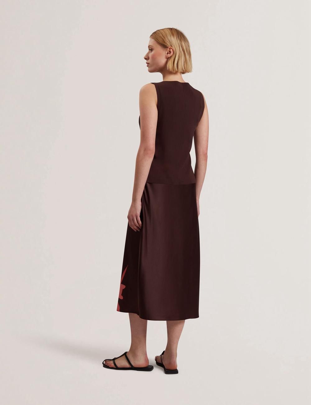 Dk-Brown Ted Baker LATTENA - Printed Satin With Removable Tank Women Midi Dresses | Ireland  3817-IOSXH