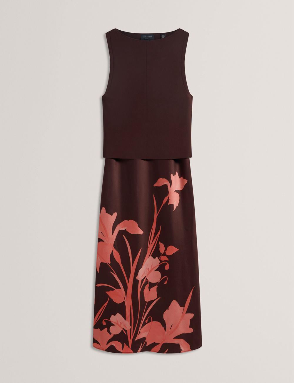 Dk-Brown Ted Baker LATTENA - Printed Satin With Removable Tank Women Midi Dresses | Ireland  3817-IOSXH