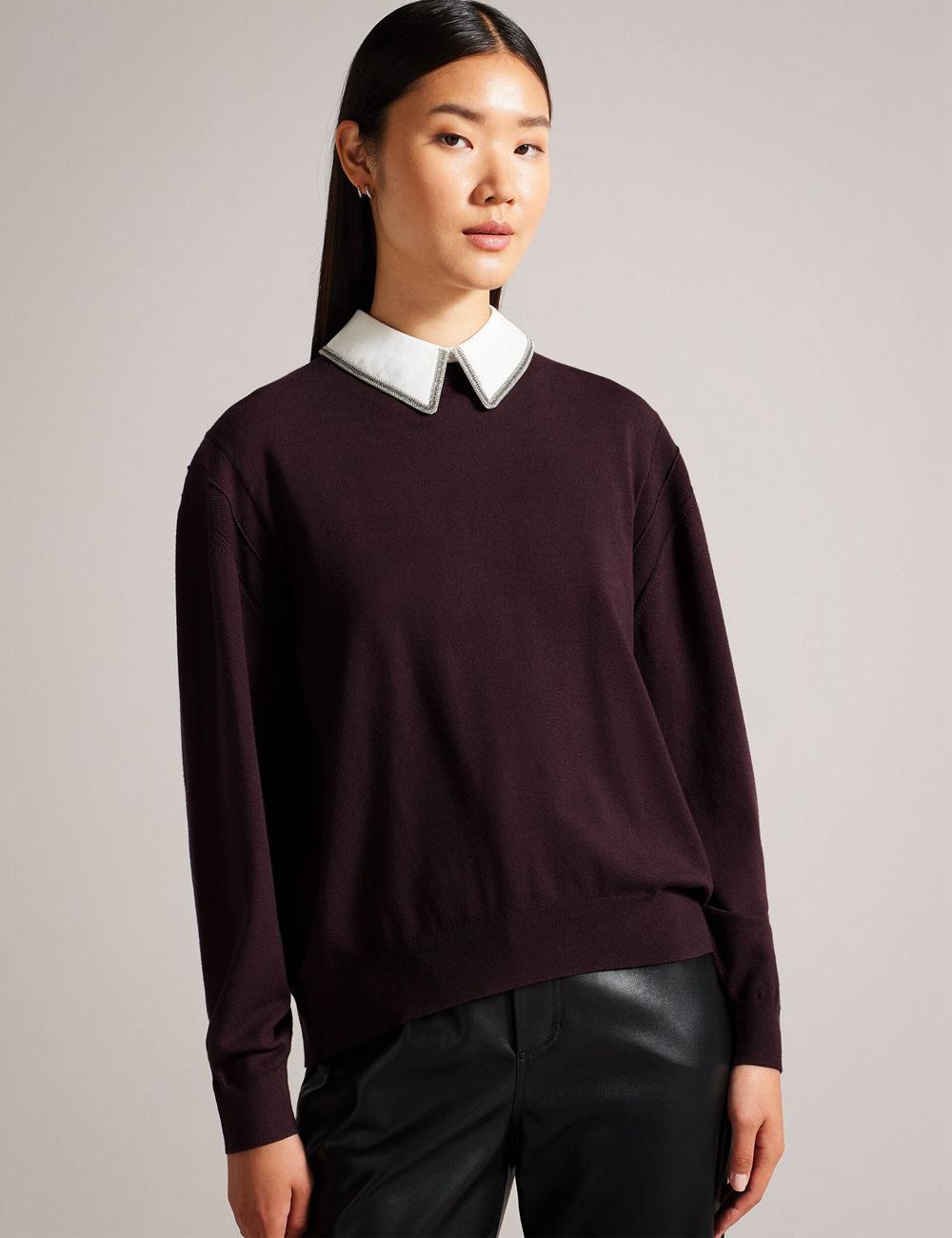 Dk-Brown Ted Baker PENNII - Mockable With Embellished Shirt Collar Women Jumpers | Ireland  1382-UDZLT