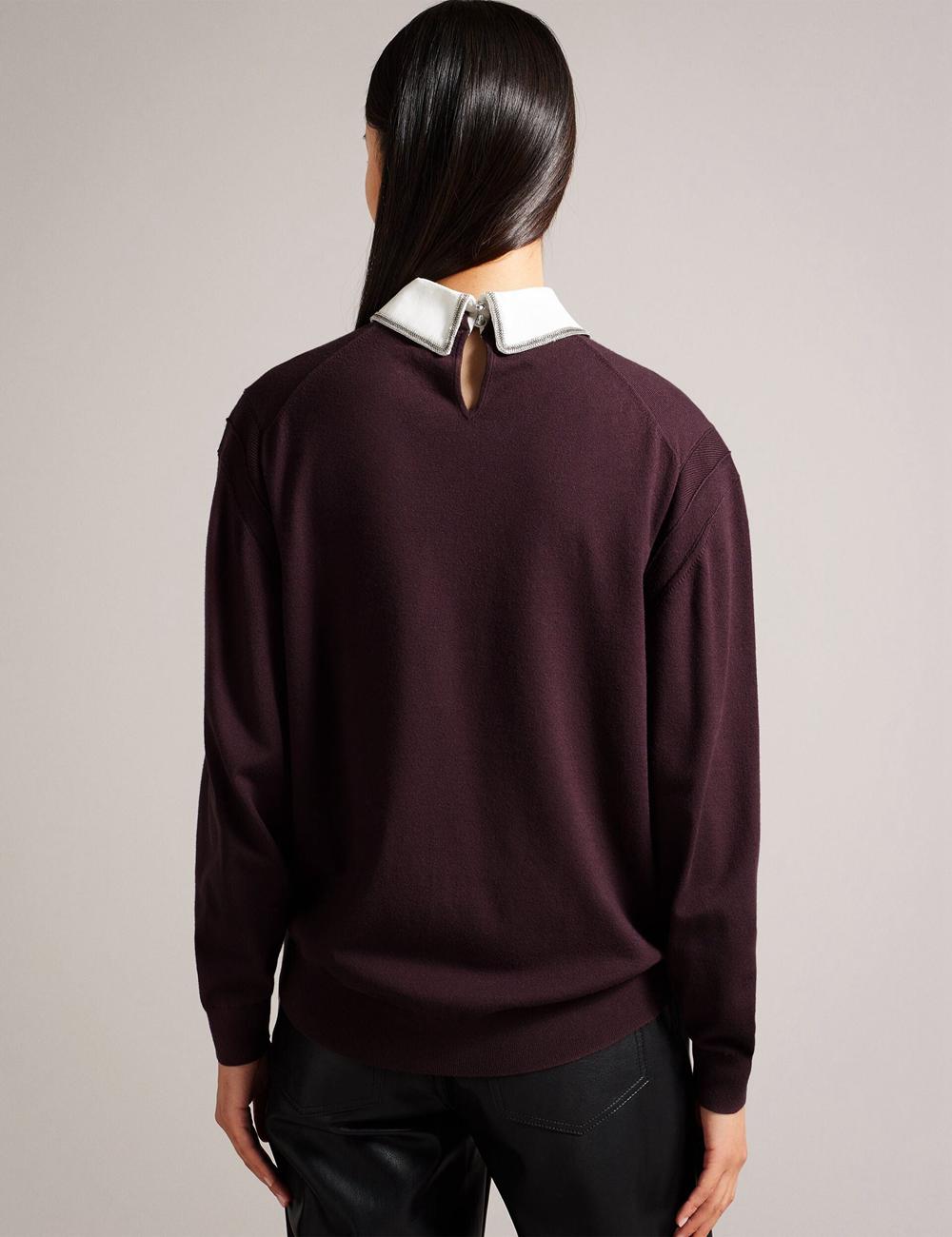 Dk-Brown Ted Baker PENNII - Mockable With Embellished Shirt Collar Women Jumpers | Ireland  1382-UDZLT