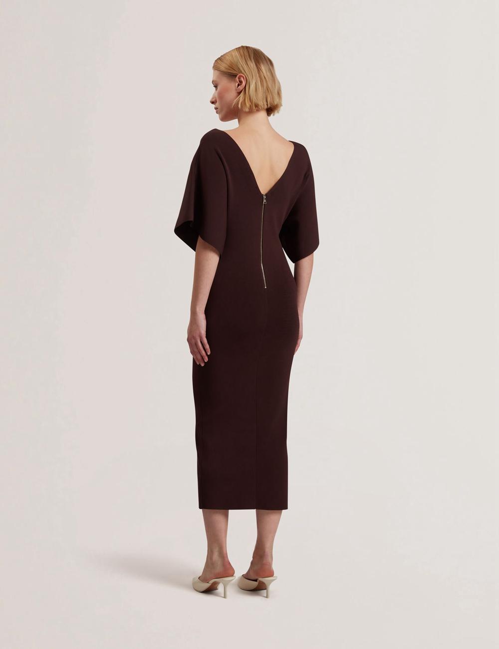 Dk-Brown Ted Baker REBEXXA - Wide Sleeve Knitted Bodycon Women Midi Dresses | Ireland  5821-JIDWX